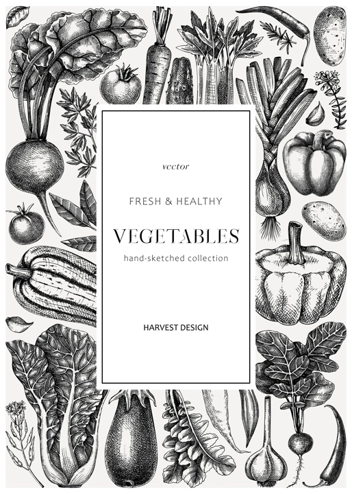 Hand-sketched vegetable card design in vintage style. Hand-drawn food plants background design. Healthy food wreath template for menu, recipe, restaurant, packaging. Botanical illustration